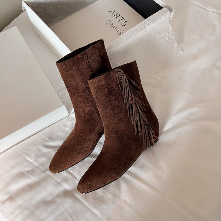 Karin Luna In Stock Spot Goods Tassel Square Toe Hidden Wedge Short Boots