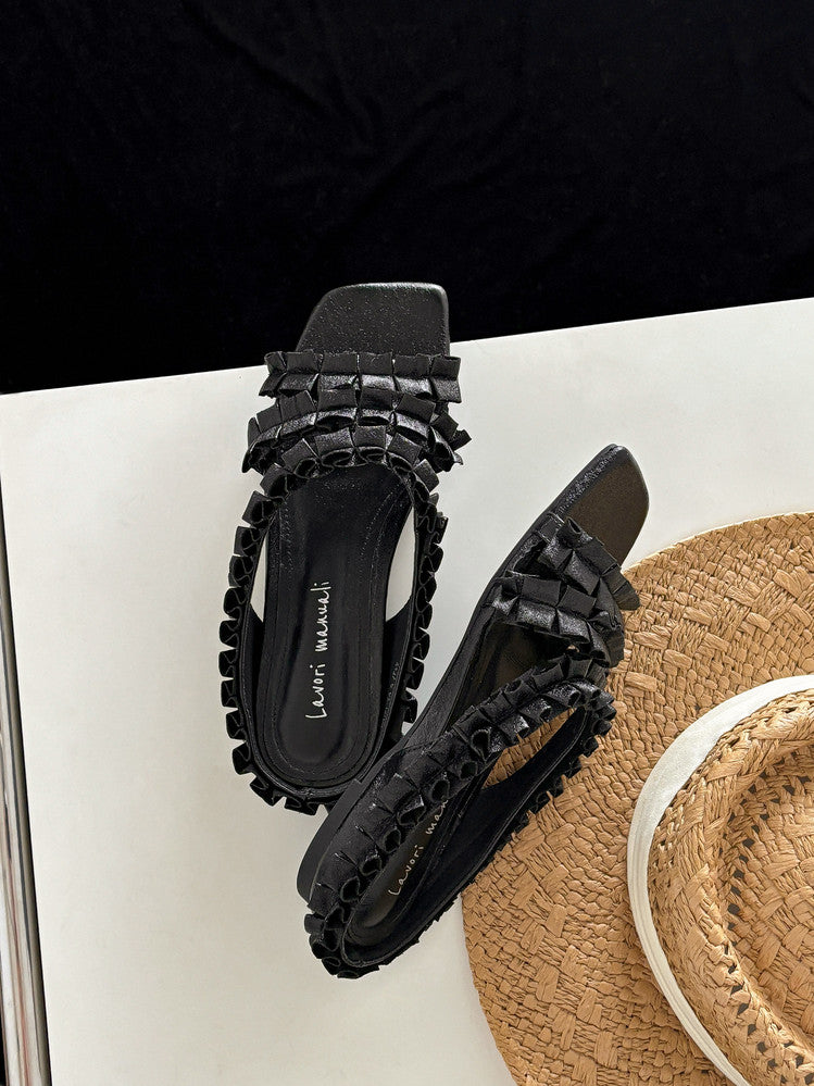 Karin Luna In Stock   Spot Goods  Niche Design Square-Toed Pleated Flat Slippers