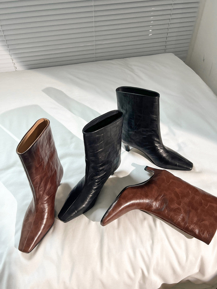Karin Luna In Stock Spot Goods Top Layer Stone Pattern Cowhide Textured Small Square Toe Straight Short Boots