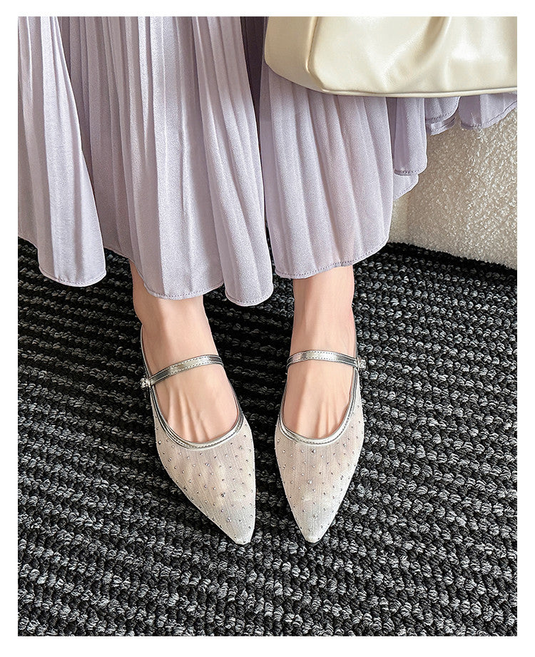 Karin Luna In Stock Spot Goods  Breathable Mesh Fabric Embellished Hand Drill Pointed Toe Slippers