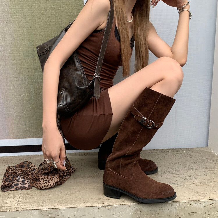 Karin Luna Chunky Heels Round Head Belt Buckle  Fashionable Suede Boots