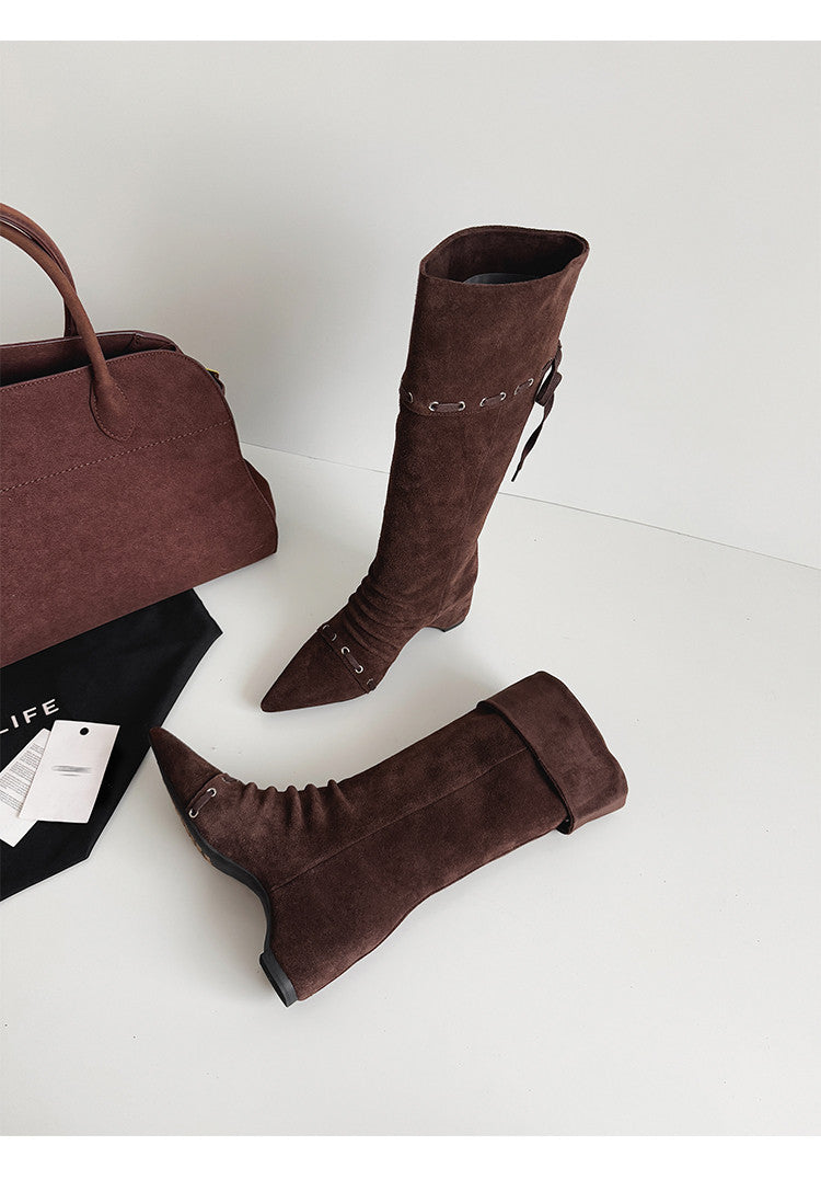 Karin Luna Elegant Style  Pointed Toe Pleated Hidden Wedge Western Boots