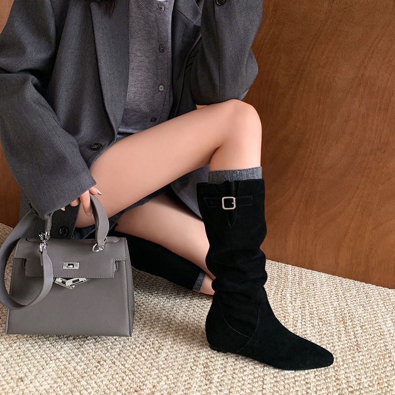 Karin Luna In Stock Spot Goods Vintage Cowhide Leather Chunky Heel Height Increasing Long Boots
