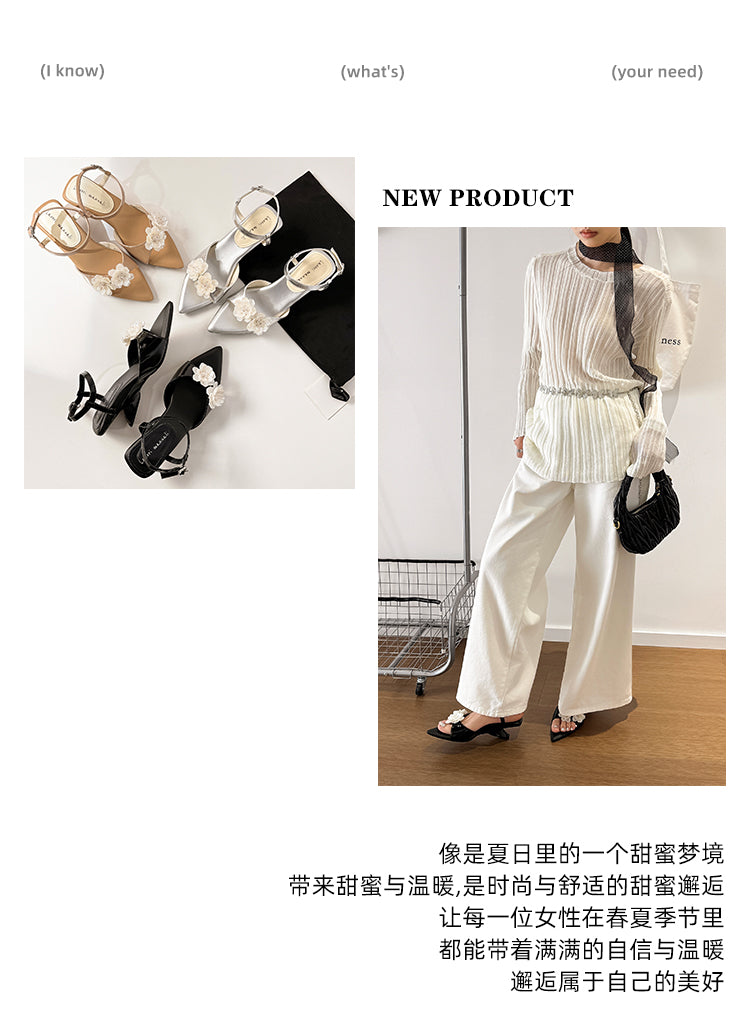 Karin Luna In Stock Spot Goods  Classic Camellia Pointed Toe Elegant Irregular Heel Sandals