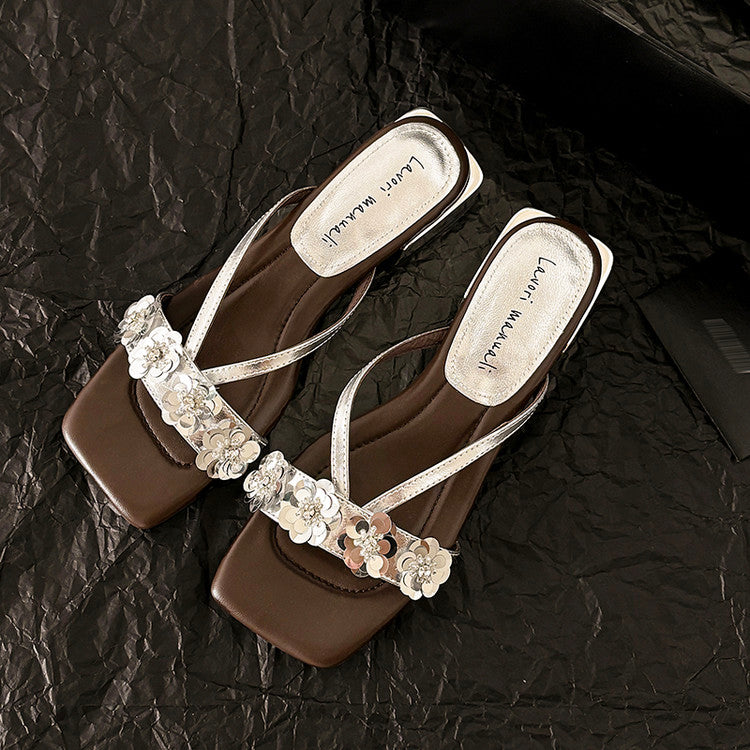 Karin Luna In Stock Spot Goods  One-Strap Sequin Floral Square-Toe Flat Slippers