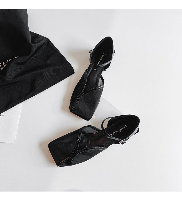 Karin Luna In Stock In Stock  Internet Celebrity Style Square Toe Mesh Chunky Heel Sandals