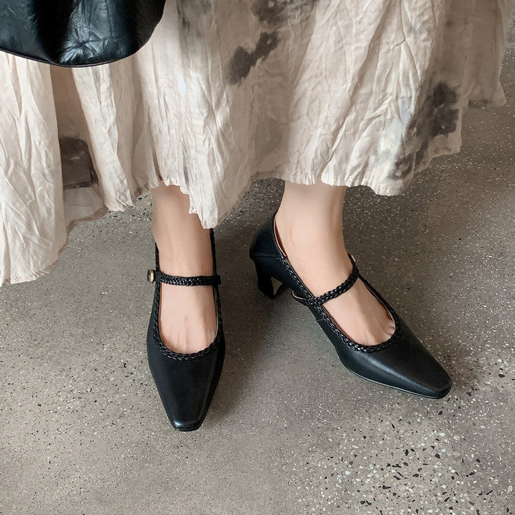 Karin Luna Braided Element Design Chunky Heel Square Toe Single Strap Shoes