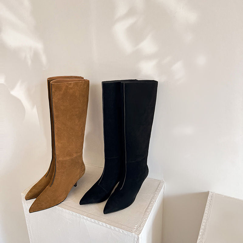 Karin Luna In Stock Spot Goods Retro Cowhide Pointed Toe Stiletto Elegant Long Boots