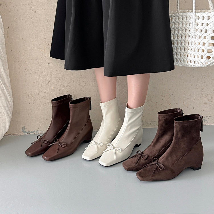 Karin Luna French Style Square Toe Bowknot Hidden Wedge Slim Boots