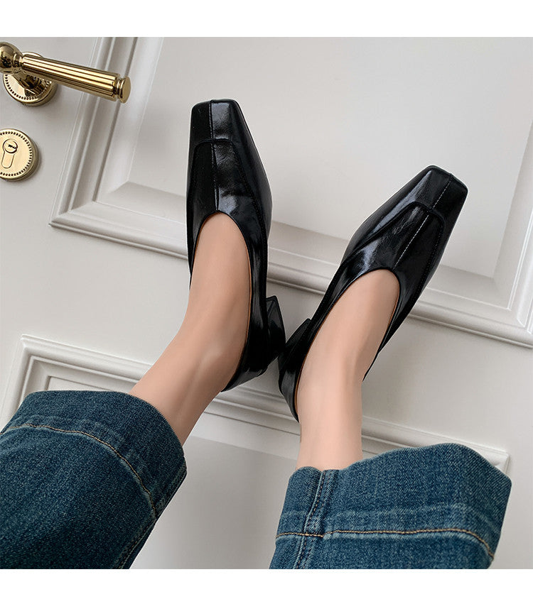 Karin Luna In Stock Spot Goods  Retro Full Leather Square Toe Shallow Mouth Single Shoes