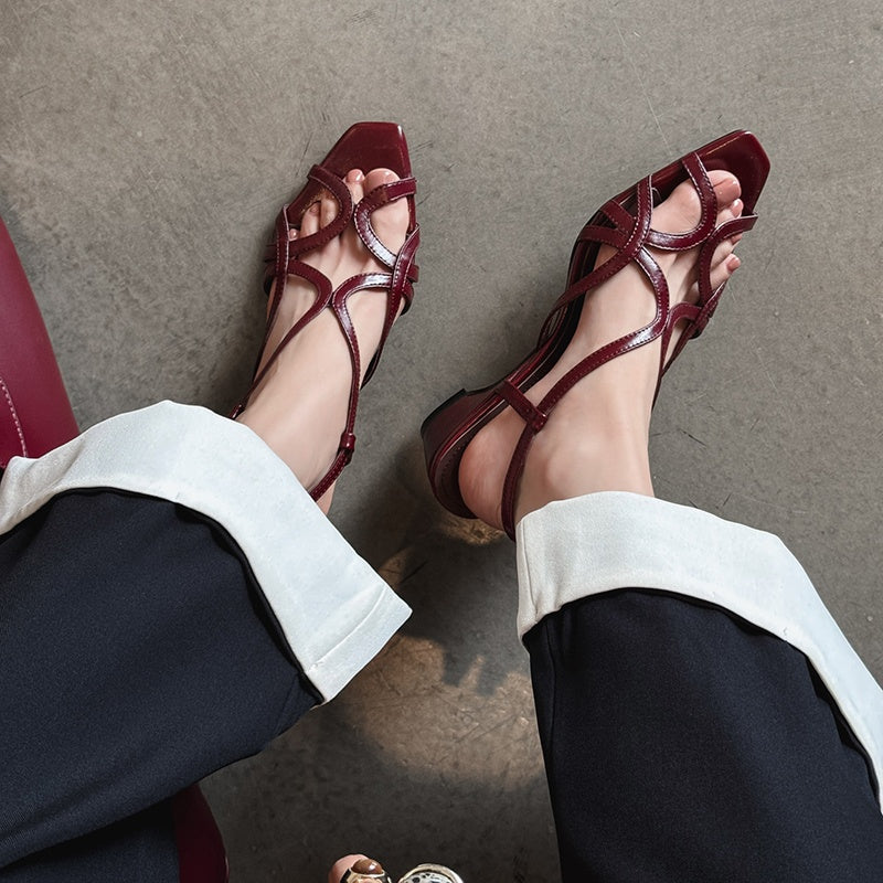 Karin Luna French Hollow Style Small Square Toe Chunky Heel Sandals