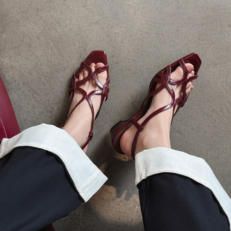 Karin Luna French Hollow Style Small Square Toe Chunky Heel Sandals