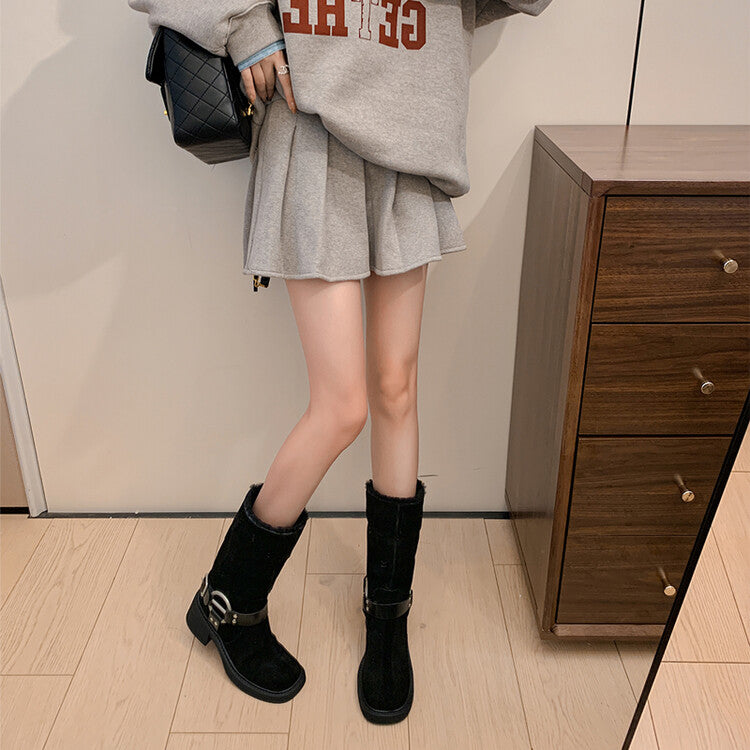 Karin Luna Genuine Lamb Wool and Cowhide Leather Hot-selling Metal Buckle Round Toe Chunky Heel Main Push Main Push