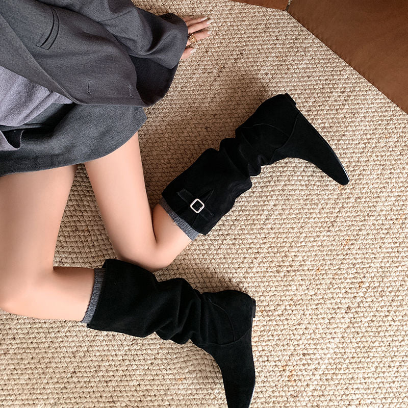 Karin Luna In Stock Spot Goods Vintage Cowhide Leather Chunky Heel Height Increasing Long Boots