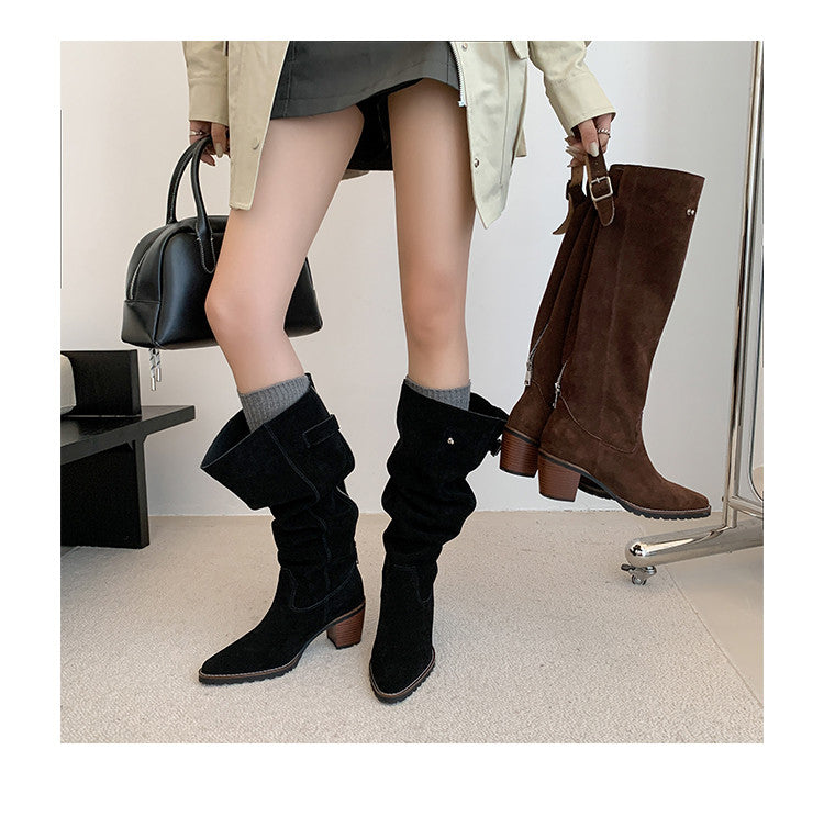 Karin Luna In Stock Spot Goods Retro Cowhide Leather Chunky Heel Suede Long Boots