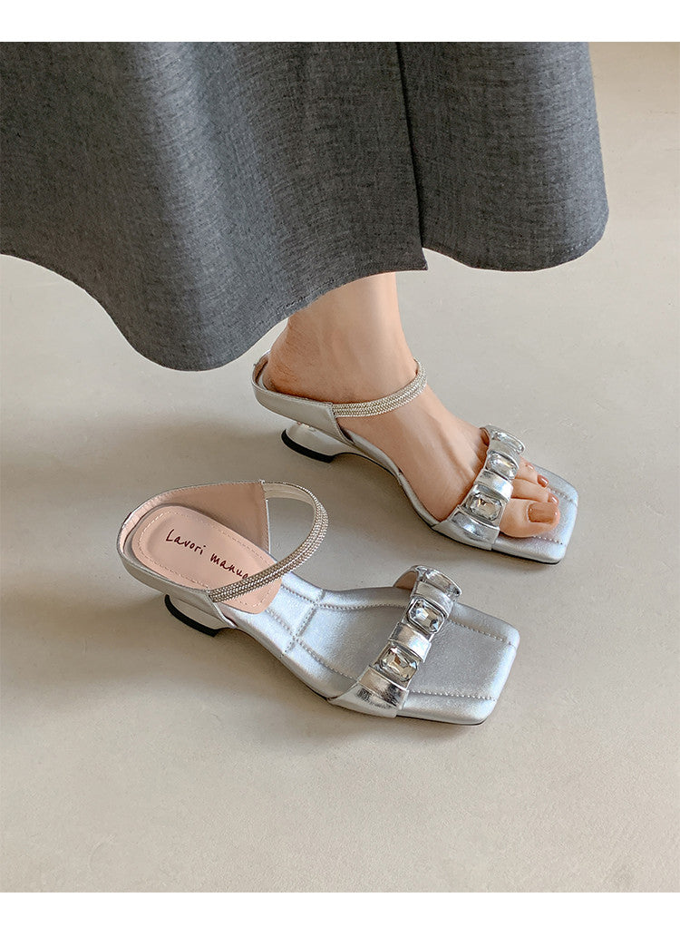 Karin Luna Bestseller Popular Rhinestone Ribbon Square Toe Slippers