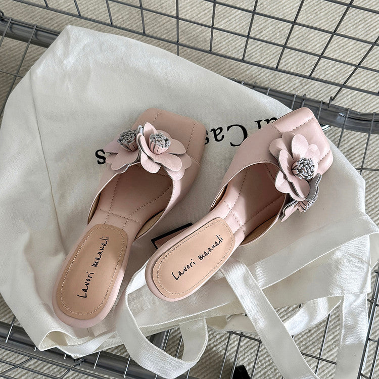 Karin Luna In Stock Spot Goods Camellia Classic style retro square toe shaped heel slippers