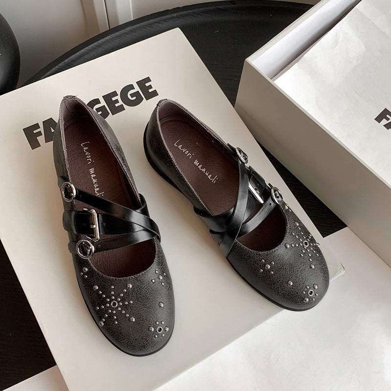 Karin Luna In Stock Spot Goods Studded Rivet Hidden Wedge Mary Jane Shoes
