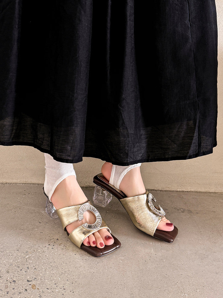 Karin Luna In Stock  Spot Goods  Large Rhinestone Square-Toed Crystal Heel Slippers