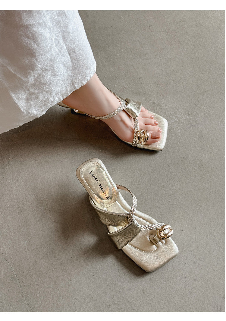 Karin Luna Braided Style ~Cross Strap Square Toe Irregular Heel Slippers