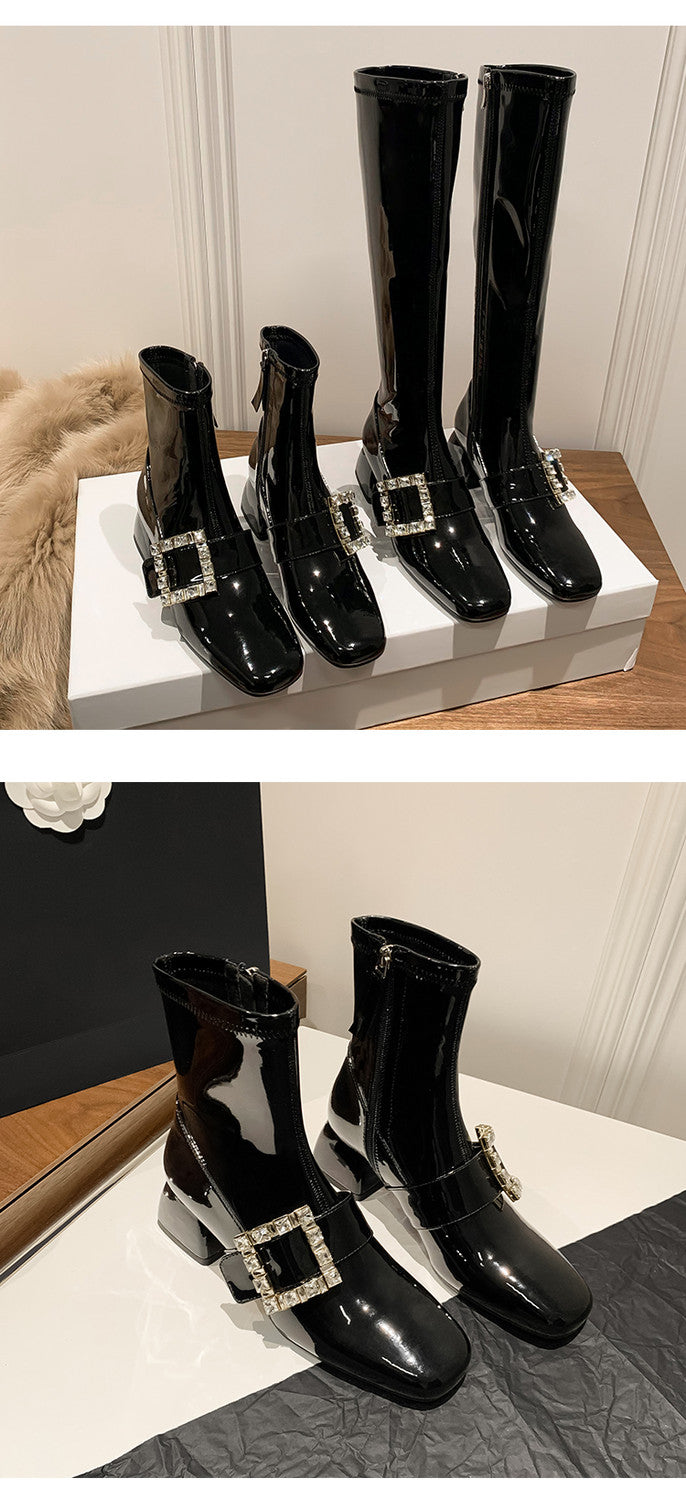 Karin Luna Elegant Style Ultra Slimming Rhinestone Chunky Heel British Style Riding Boots Long Boots