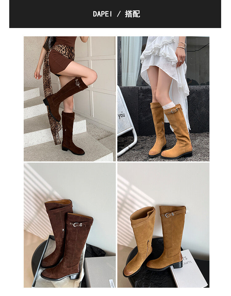 Karin Luna Chunky Heels Round Head Belt Buckle  Fashionable Suede Boots