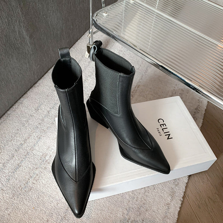Karin Luna In Stock Spot Goods   Elegant Pointed Toe Chunky Heel Ankle Boots