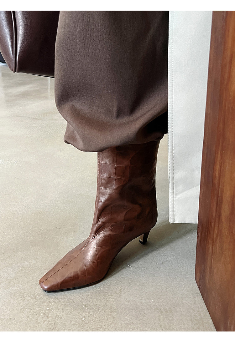 Karin Luna In Stock Spot Goods Top Layer Stone Pattern Cowhide Textured Small Square Toe Straight Short Boots