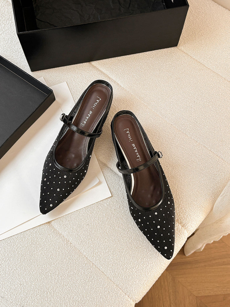 Karin Luna In Stock Spot Goods  Breathable Mesh Fabric Embellished Hand Drill Pointed Toe Slippers