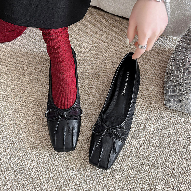 Karin Luna In Stock In Stock  Wrinkled Square Toe Patchwork Breathable Mesh Bow Granny Shoes
