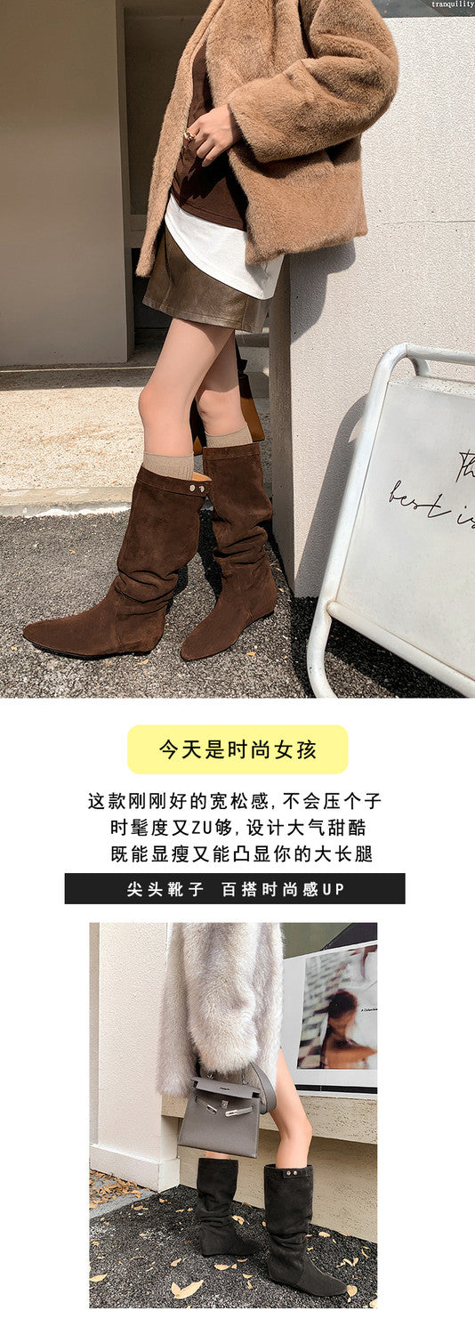 Karin Luna In Stock Spot Goods  Bestselling Suede Leather Sold Out Fast: Pile of Matte Inner Height-Increasing Western Boots