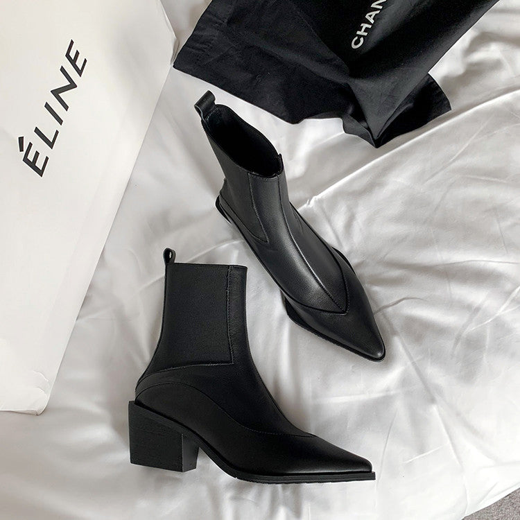 Karin Luna In Stock Spot Goods   Elegant Pointed Toe Chunky Heel Ankle Boots