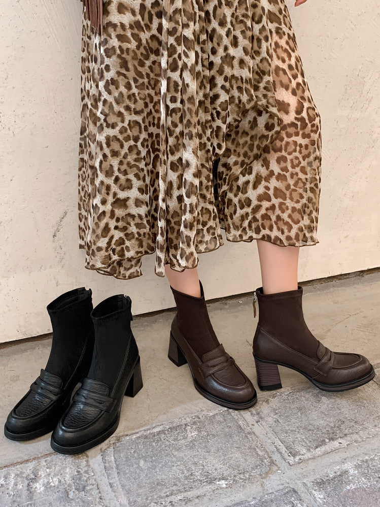 Karin Luna Hot-Selling Element Round Toe Elephant Pattern Elastic Thick Heel Short Boots
