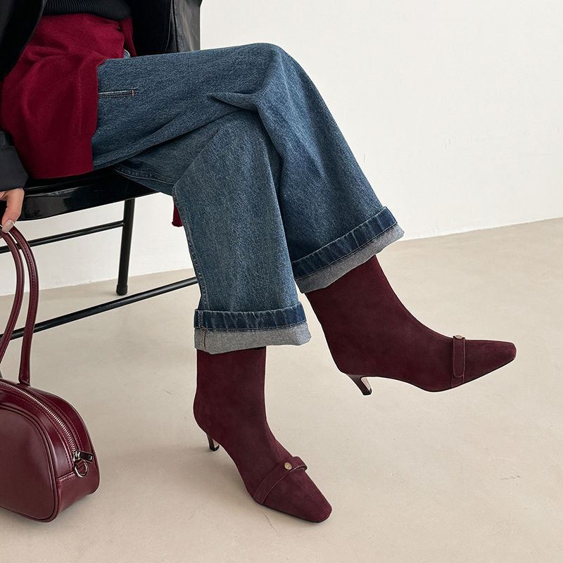 Karin Luna Elegant Style Small Square Toe Belt Buckle Thin Heel Short Boots