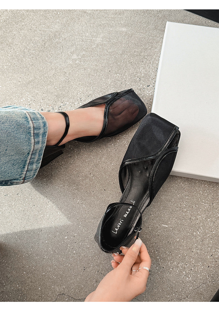 Karin Luna In Stock In Stock  Internet Celebrity Style Square Toe Mesh Chunky Heel Sandals