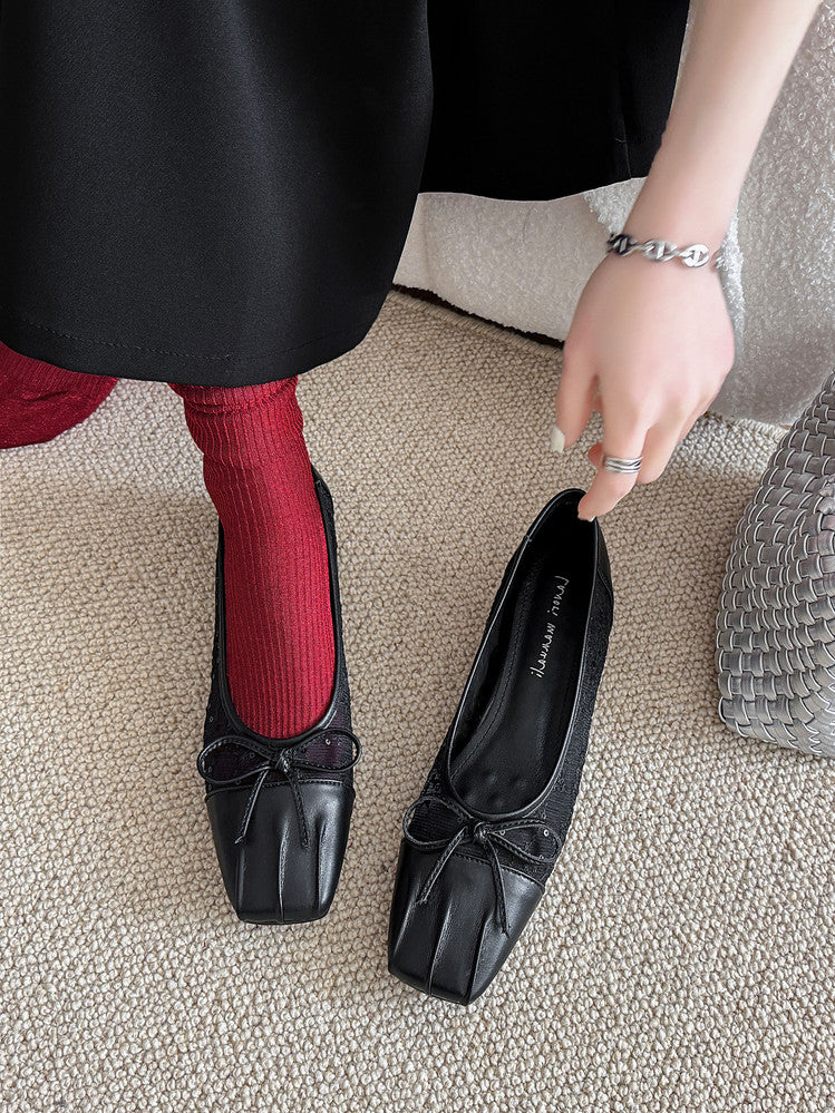 Karin Luna In Stock In Stock  Wrinkled Square Toe Patchwork Breathable Mesh Bow Granny Shoes