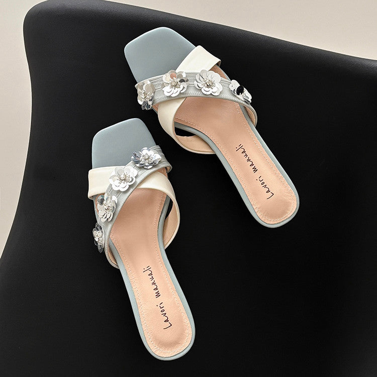 Karin Luna In Stock Spot Goods  Sequin Floral Cross Strap Square Toe Stiletto Slippers