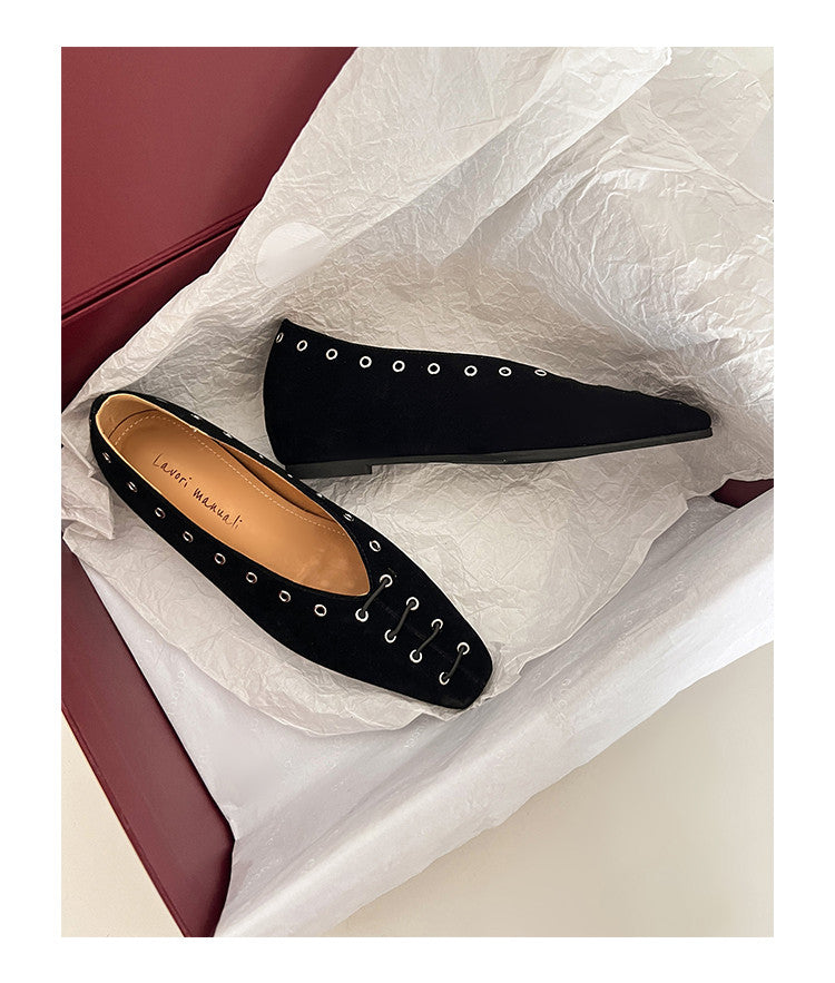 Karin Luna In Stock Spot Goods    Old Money Style Square Toe Suede Flats