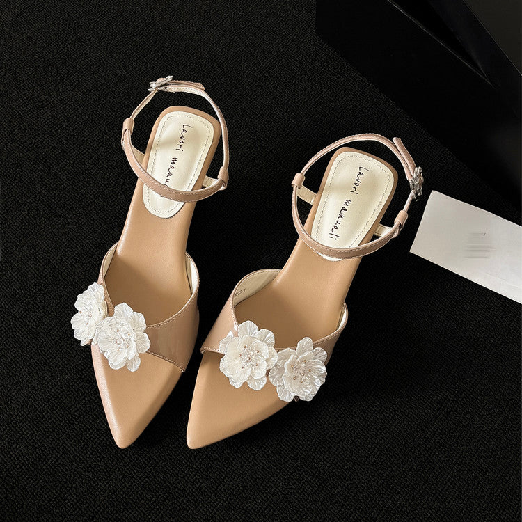 Karin Luna In Stock Spot Goods  Classic Camellia Pointed Toe Elegant Irregular Heel Sandals