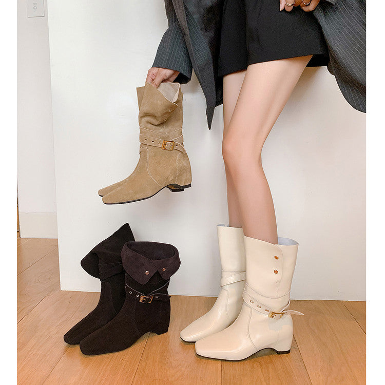 Karin Luna Foldable Belt Buckle Square Toe Hidden Wedge Short Boots