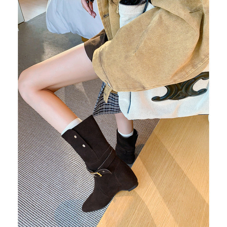 Karin Luna Foldable Belt Buckle Square Toe Hidden Wedge Short Boots