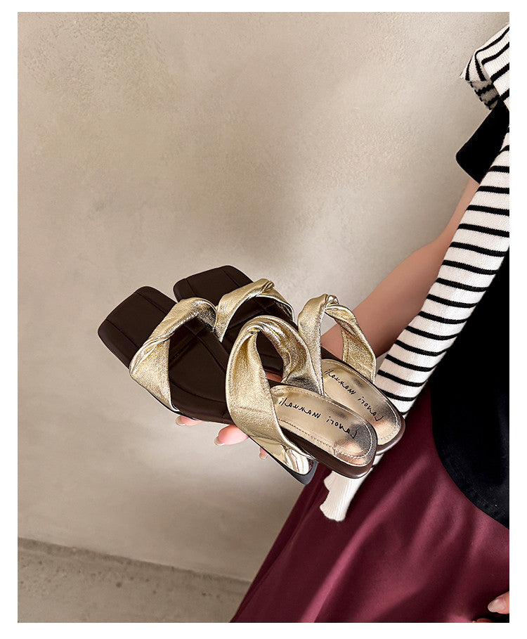 Karin Luna In Stock  Spot Goods   Square Toe One-Strap Irregular Heel Slippers