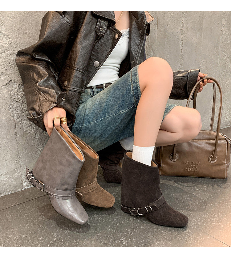 Karin Luna Data Hot Item Square Toe Hidden Wedge Belt Buckle Suede Ankle Boots