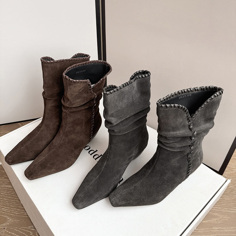Karin Luna Small Square Toe Retro Ruched Pile Short Boots