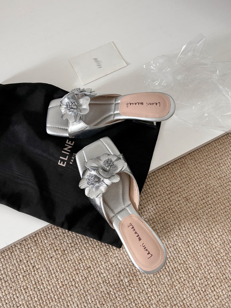 Karin Luna In Stock Spot Goods Camellia Classic style retro square toe shaped heel slippers