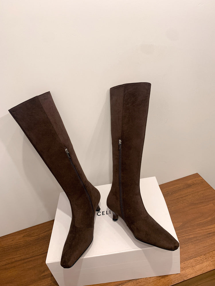 Karin Luna In Stock Spot Goods   Small Square Toe Thin Heel Elegant Slimming Long Boots
