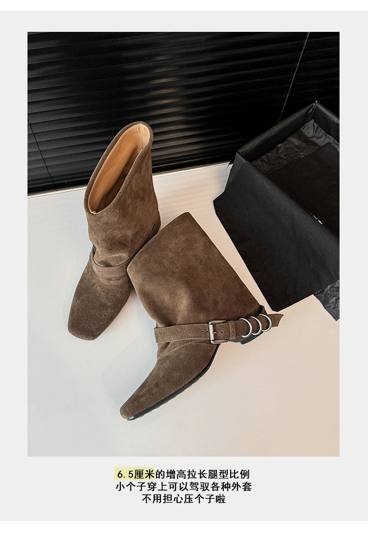 Karin Luna Data Hot Item Square Toe Hidden Wedge Belt Buckle Suede Ankle Boots