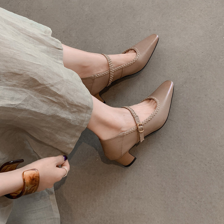 Karin Luna Braided Element Design Chunky Heel Square Toe Single Strap Shoes