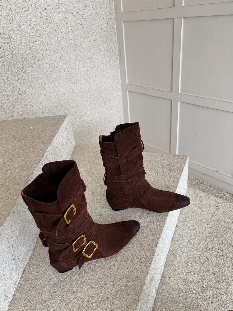 Karin Luna Cow Leather Small Square Toe Belt Buckle Fashion Boots