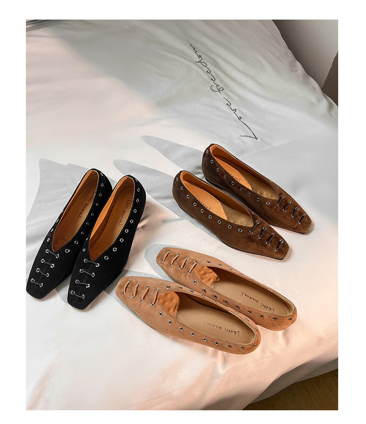 Karin Luna In Stock Spot Goods    Old Money Style Square Toe Suede Flats